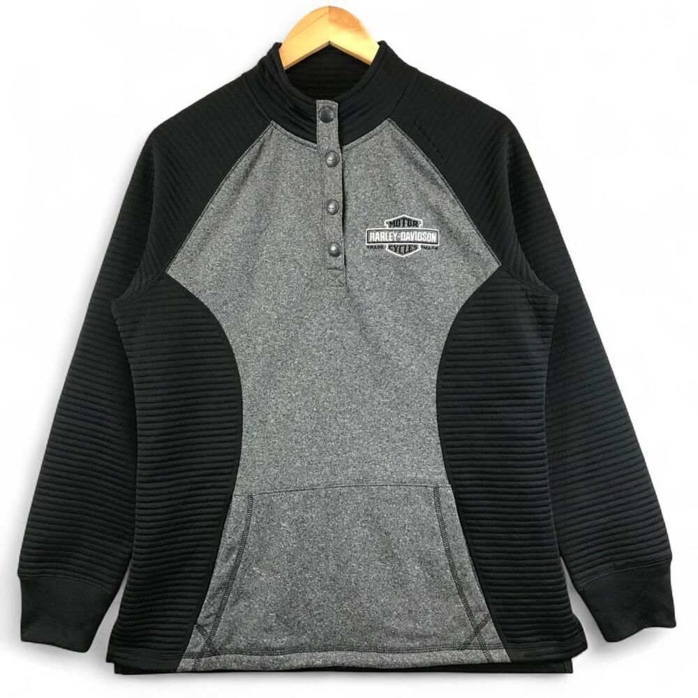 Harley Davidson men's charcoal and black 1/4 snap-up athletic sweatshirt Size L